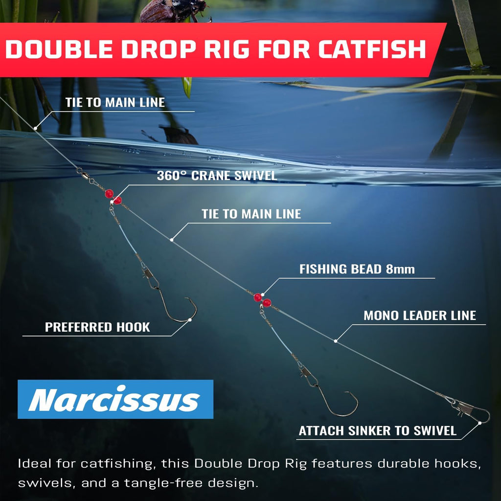 Double Drop Saltwater Fishing Rig –2 Hook Bottom Rigs with Swivels & Snaps, Pre-Tied Surf Pier Boat Leader Line for