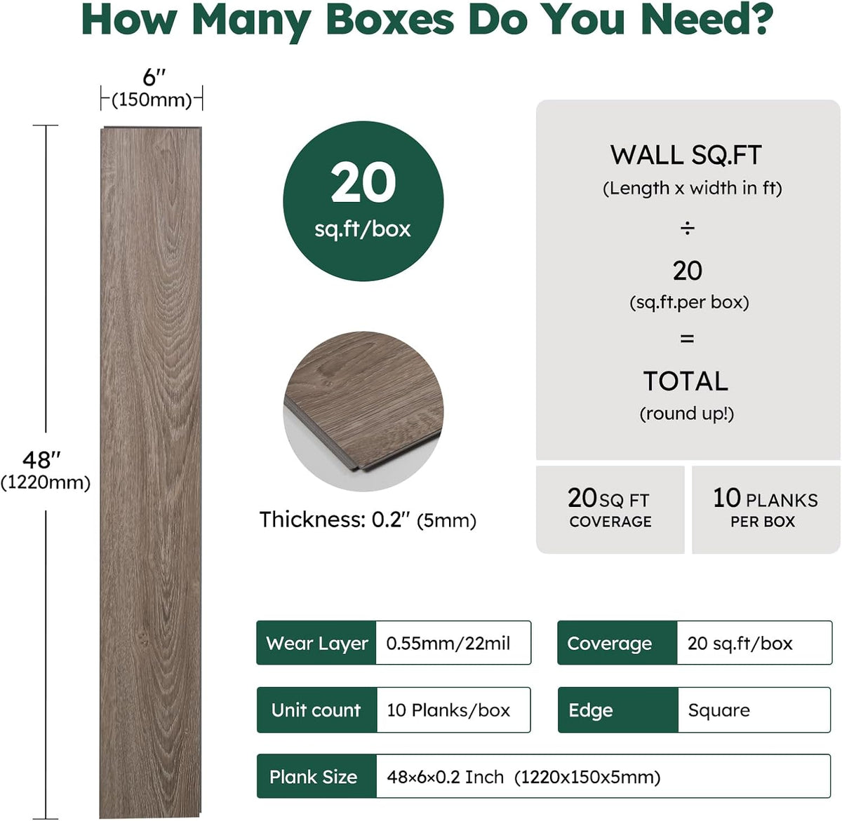 SPC Luxury Vinyl Plank Flooring Click Lock, 5mm 22 Mil Wear Layer, 20 Sq.Ft