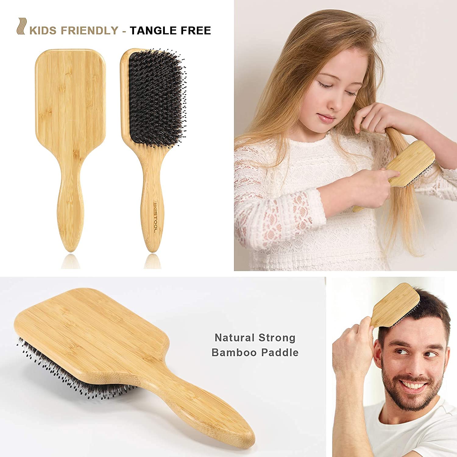 Hair Brush, Boar & Nylon Bristle Brush for All (Women, Men, Kids) Wet/Dry Hair, Massaging Detangling, Enhance Shine &