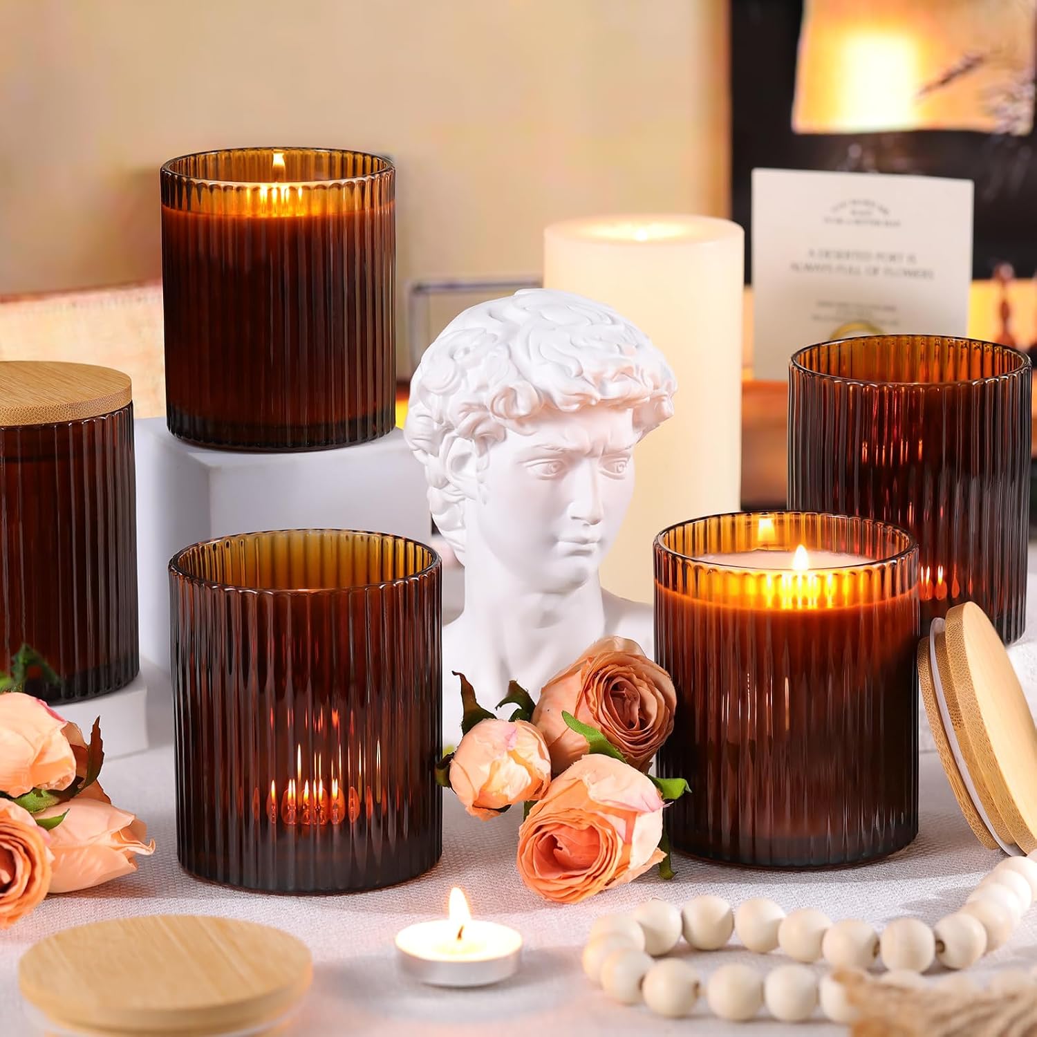 Amber Candle Jars with Lids, 8-Pack 12oz Ribbed Glass Candle Containers | Versatile decorative holder set, ideal for