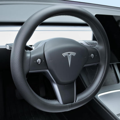 Nappa Leather Steering Wheel Cover Compatible with Tesla Model 3/Y 2016-2025 2026 Juniper/Highland, Non-Slip