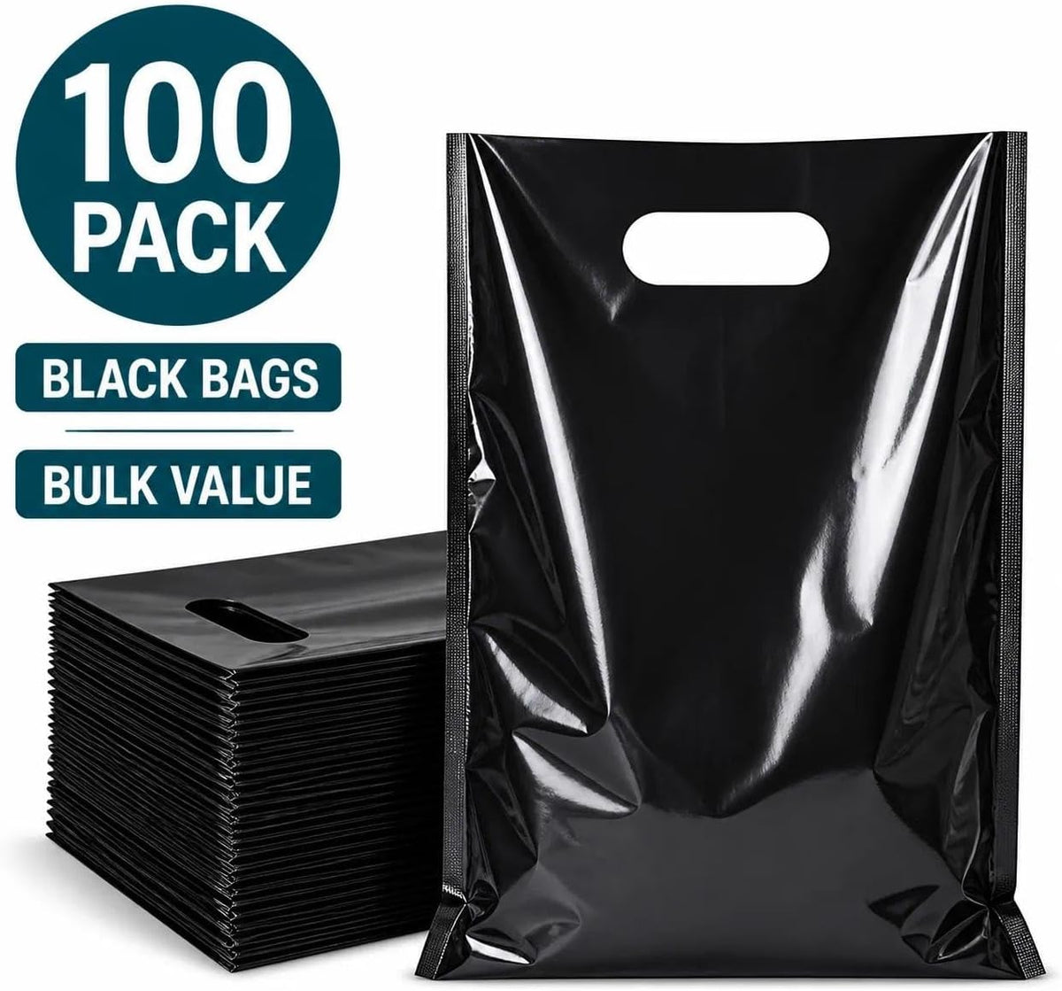 Small Black Plastic Shopping Bag for Small Business Plastic Merchandise Bag with Handle Poly Die Cut for Retail 100