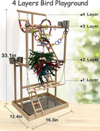 4-Tier Large Wooden Bird Playground with Trays Cups Ladder - Parrot Playstand, Birds Play Stand, Wood Perch Gym for
