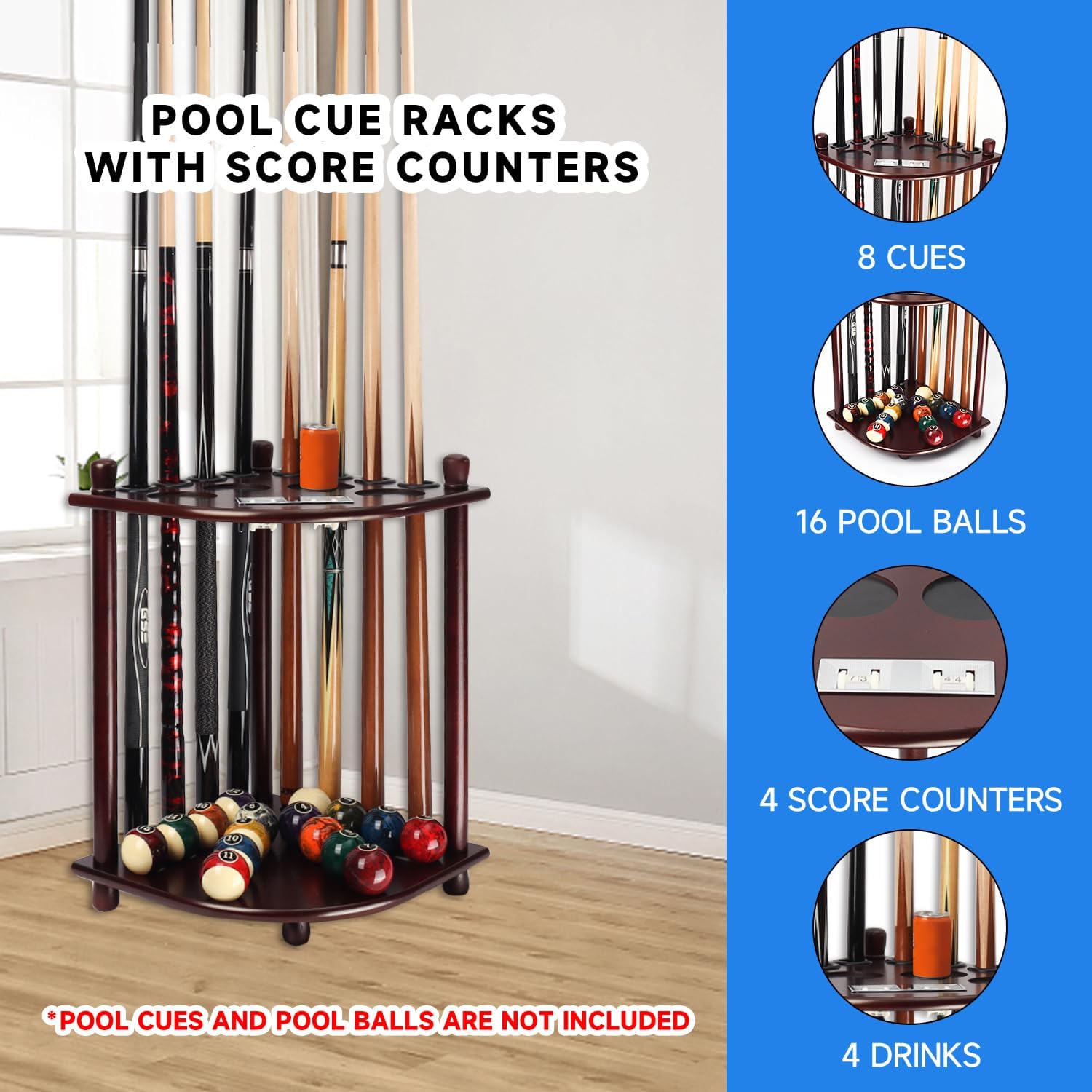 GSE Corner-Style Floor Stand Billiard Pool Cue Racks with Score Counters | Holds Pool Cue Sticks, Full Set of Balls