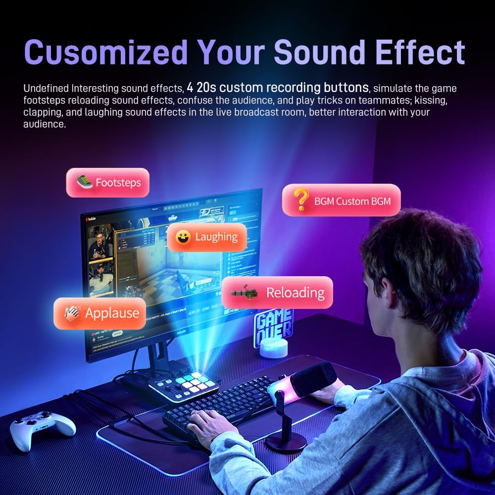 G1 Neo Gaming Audio Mixer Audio Interface with XLR Input & 48V | RGB, Bluetooth, 4 custom soundpads, live streaming