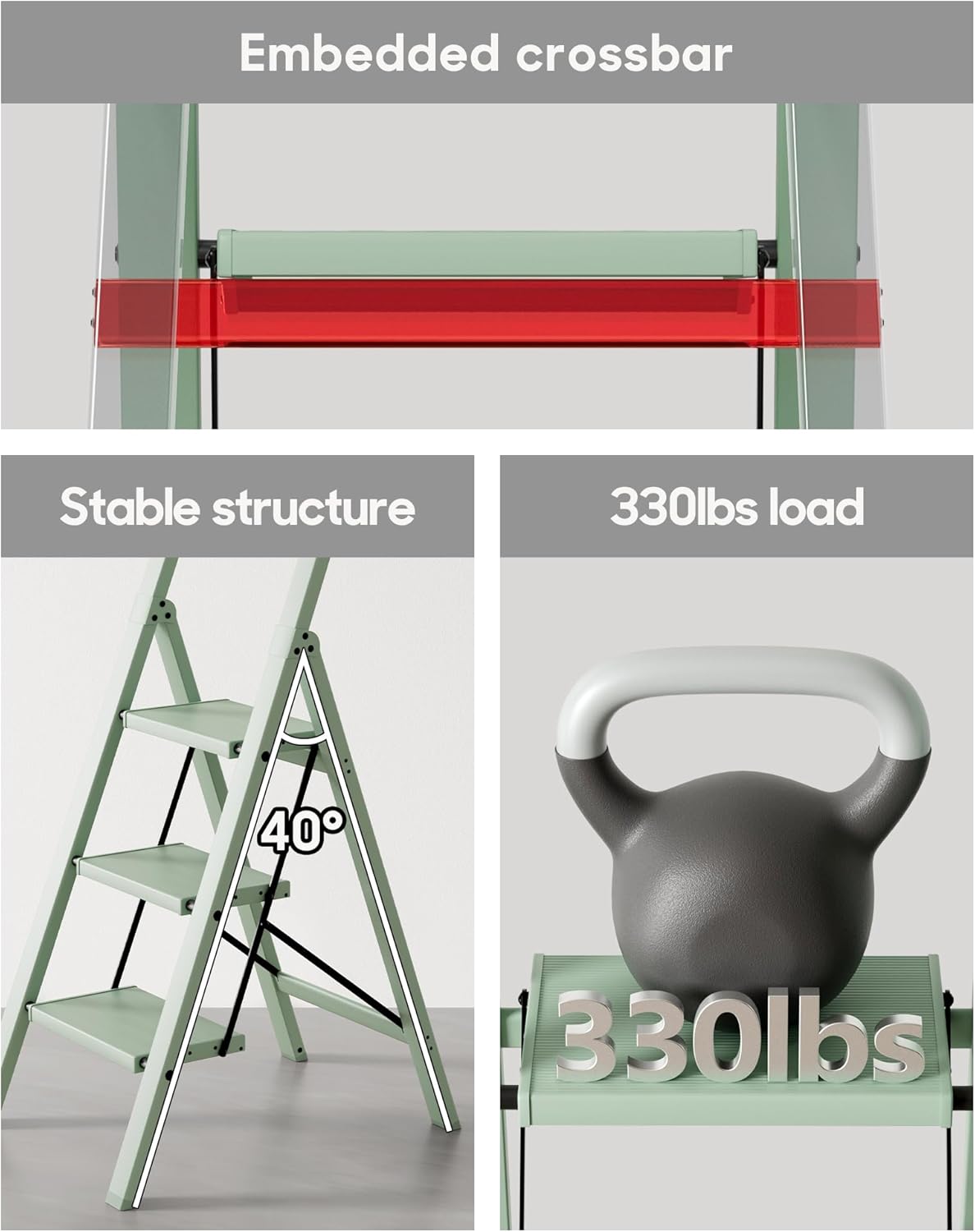 3 Step Foldable Aluminum Step Ladder with Handgrip, Anti-Slip Pedal, 330 lbs Capacity, Lightweight & Portable for