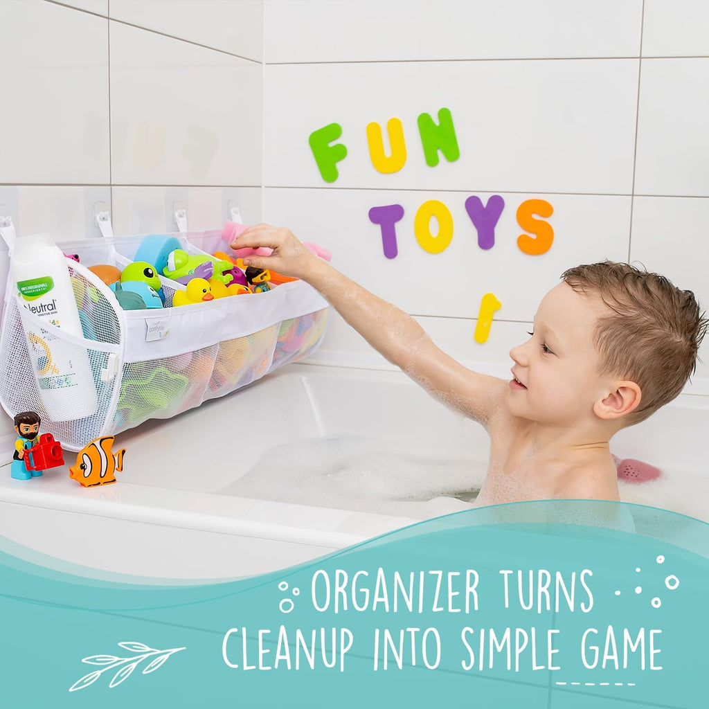 Large Bath Toy Organizer – 3 Compartment Bath Toy Holder for Bathtub & Shower – Quick-Dry Mesh with 4 Strong Adhesive