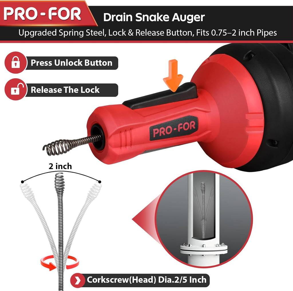 Drain Auger, 16.4FT Plumbing Snake Drain Clog Remover, Manual & Drill Powered Drain Snake for 0.75–2 Inch Pipes