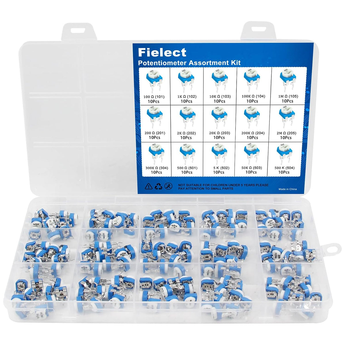 15 Values 100-2M Ohm Potentiometer Assortment Kit, 150Pcs Adjustable Variable Resistor with Transparent Plastic Storage Box for DIY Electronics, Circuit Projects, and Repair