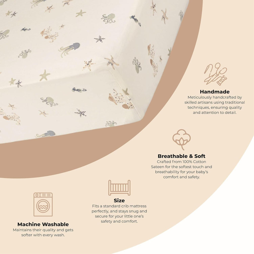 100% Cotton Under The Sea Fitted Crib Sheet with Jellyfish Design, Neutral Crib Sheets, Fitted Toddler Sheet, 28" x