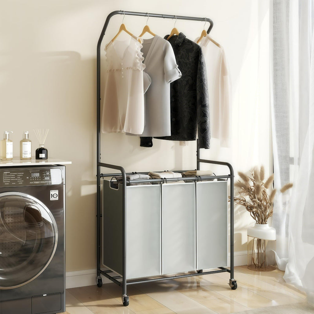 Laundry Sorter Hamper with Hanging Bar, 3 Section Laundry Cart