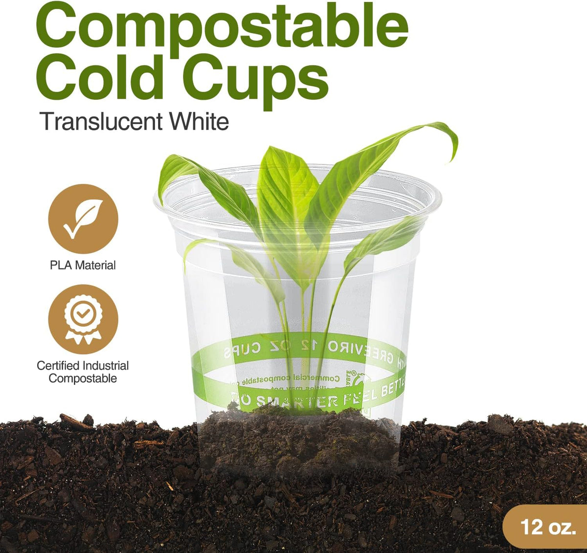 Eco Compostable Plant-Based Clear Plastic Cups 12oz Thick, Reusable, Disposable Iced Coffee Cups for Smoothies, Beer