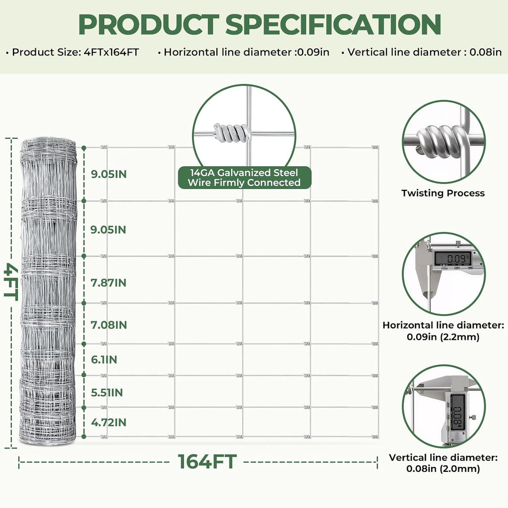 Cattle Fence, Farm Fence 4ft x 164ft - 14 Gauge Galvanized Wire Fence & Chain Link Fence for Hog, Goat, Sheep & Deer;