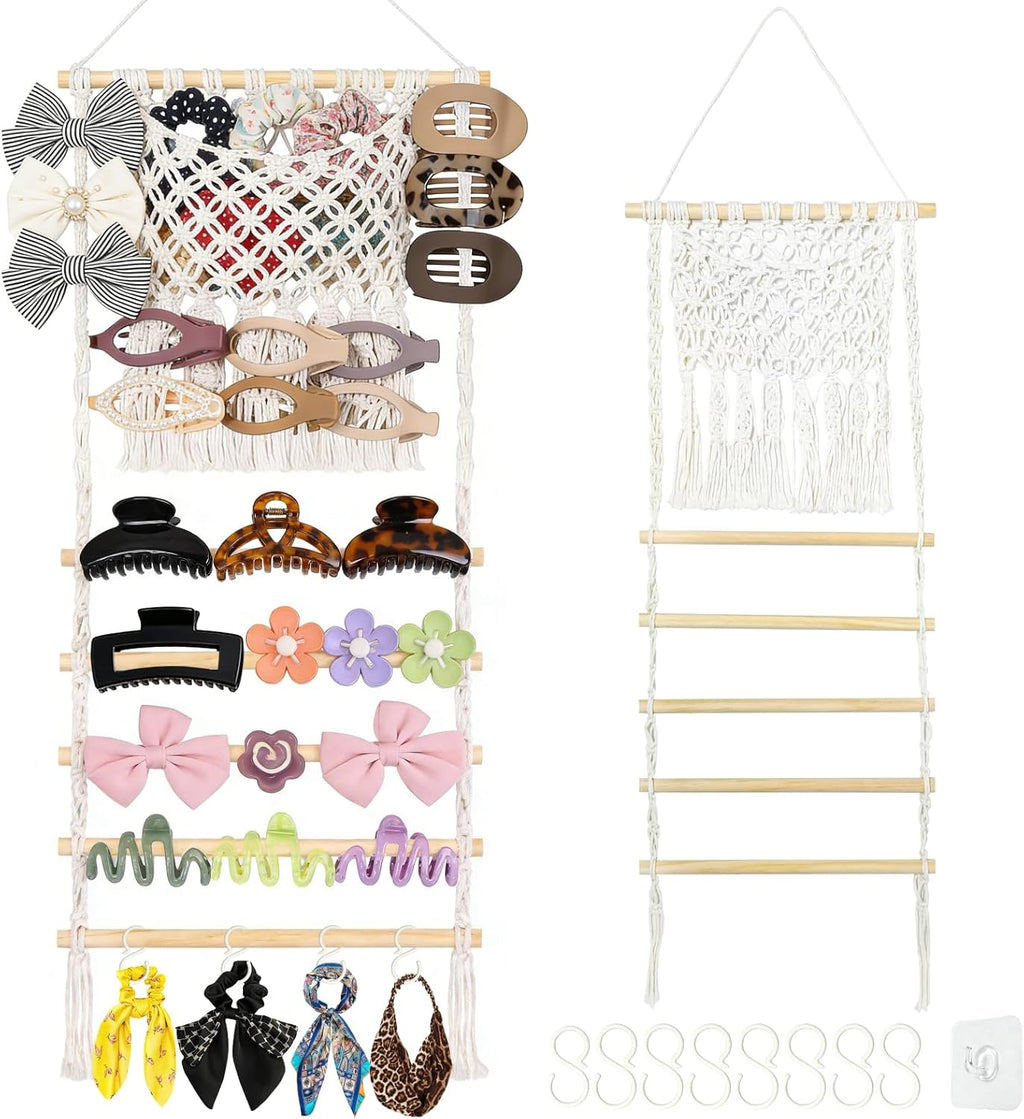 Hair Claw Clip & Headband Holder Organizer, Large Capacity Mesh Pocket | Hanging Storage with Adhesive Hook, Hair