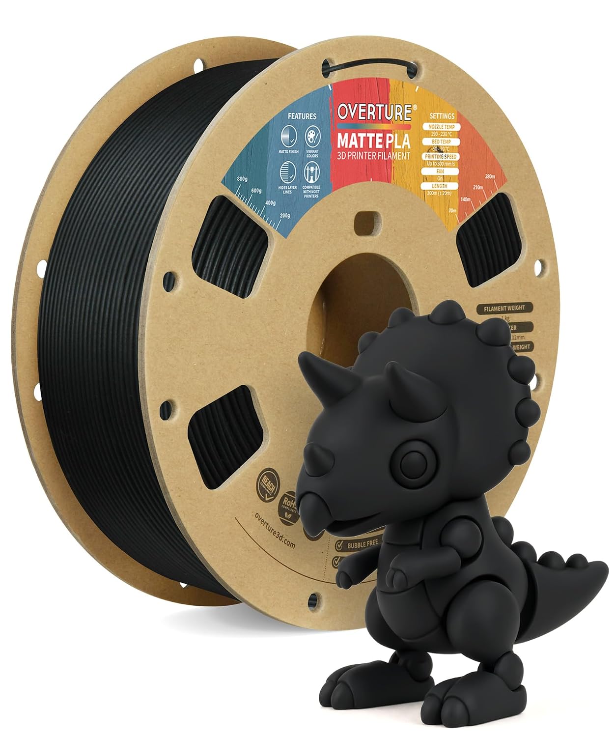 Matte PLA Filament 1.75mm, 1kg Matte Black | Low Warp & Smooth Finish, 1kg (2.2lbs) Dimensional Accuracy +/- 0.02mm