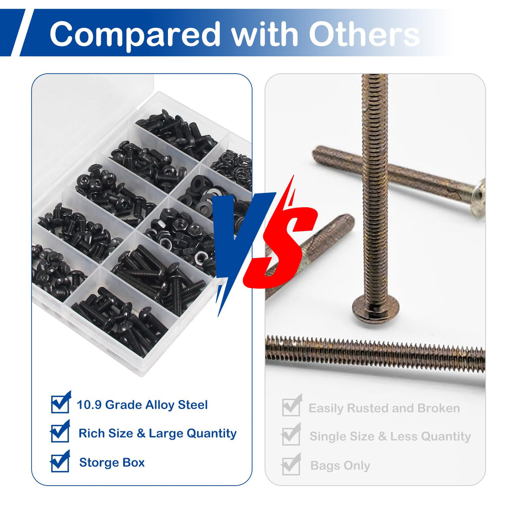 180 Pieces M6 Button Head Socket Cap Screws Nuts Washers Set Black