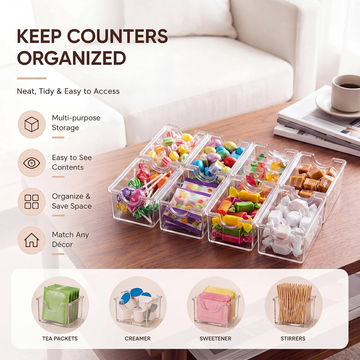 40 Pack Clear Plastic Sugar Packet Holder, Acrylic Sugar Caddy for Sweetener Packets, Tea Bags, Coffee Bar, Dining