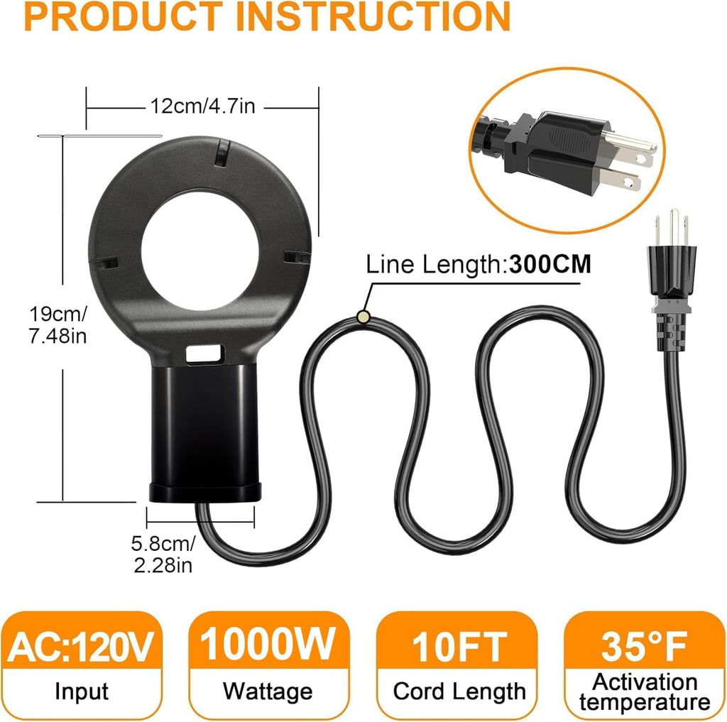 1000W Utility De-Icer, Submergible Bird Bath Heater De-icer, Chicken Water Heater, Stock Tank Heater for Livestock