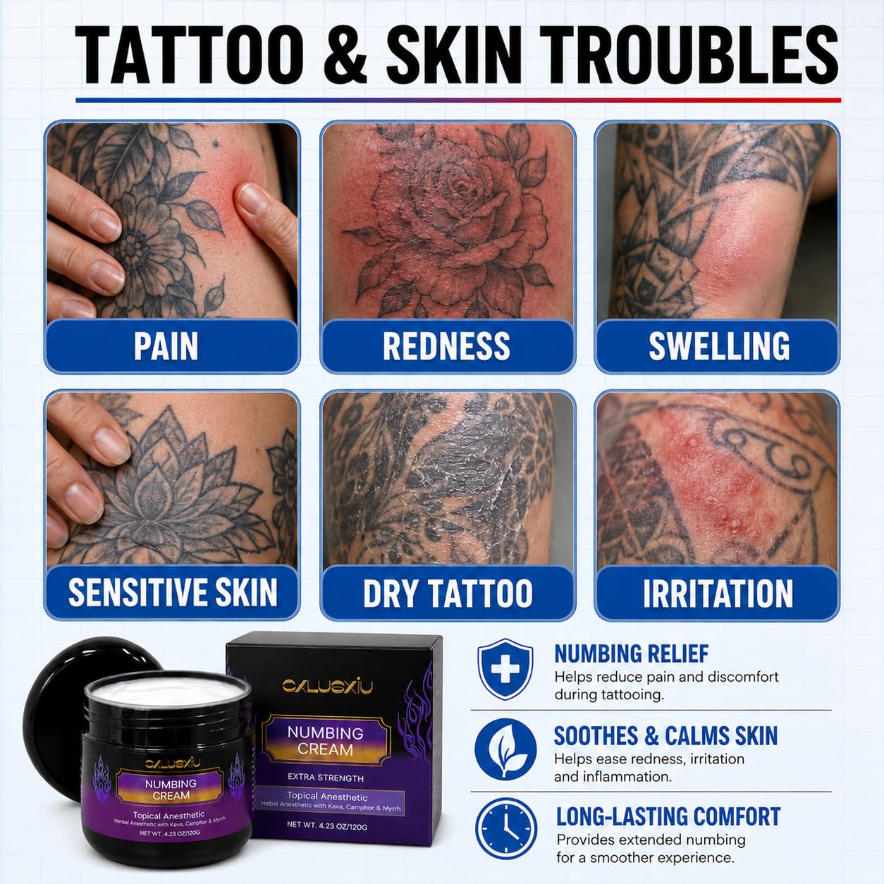Tattoo Numbing Cream for Sensitive Skin Areas, Herbal Tattoo Aftercare Balm, 120g / 4.23 oz Large Jar, Long-Lasting