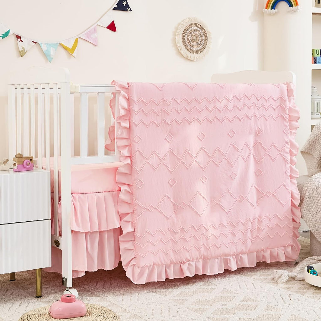 3-Piece Tufted Ruffle Crib Bedding Set for Girls - Ultra Soft Baby Bedding Set Includes Boho Crib Comforter, Sheet &