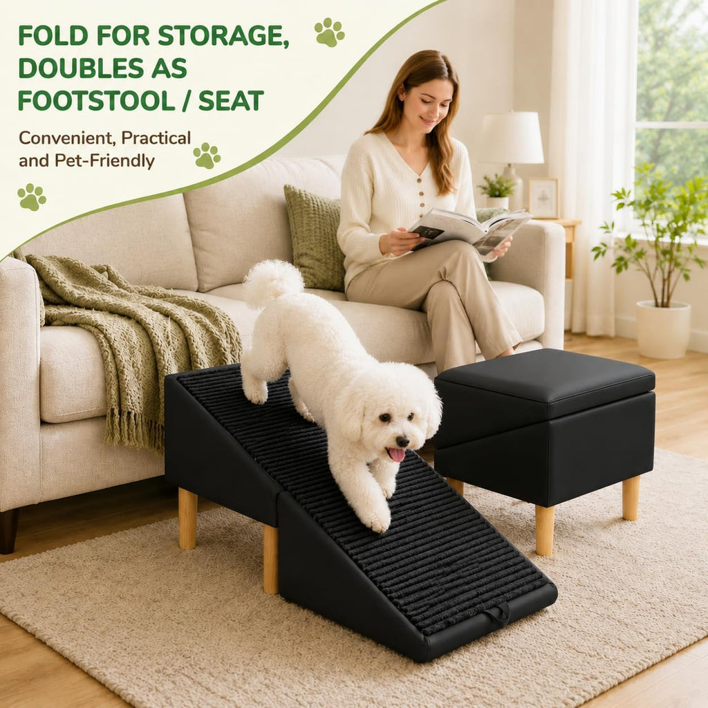 2-in-1 Foldable Ottoman Dog Ramp for Couch,Convertible Folding Dog Stairs for Couch and Bed,Non-Slip Wooden Pet