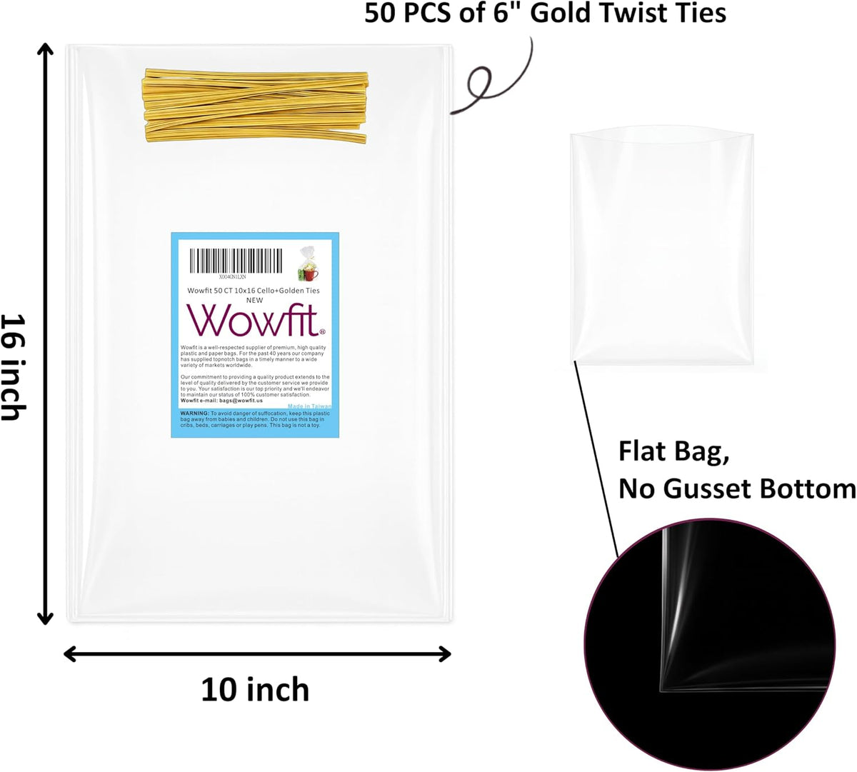 10x16 Large Clear Cellophane Gift Bags, 50 CT, 6" Gold Twist Ties