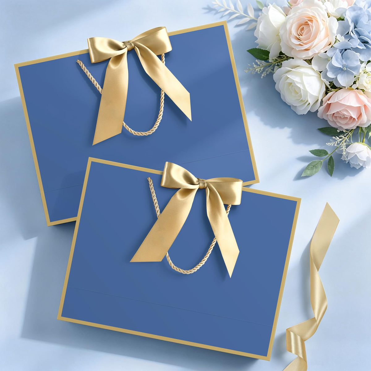 12 Pcs Blue Paper Gift Bags with Ribbon Handle