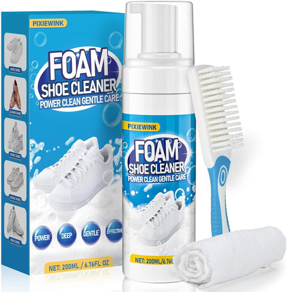 Shoe Cleaner, 6.76 fl oz Shoe Cleaning Kit with Brush and Towel, White Sneaker Cleaner for Removing Stains