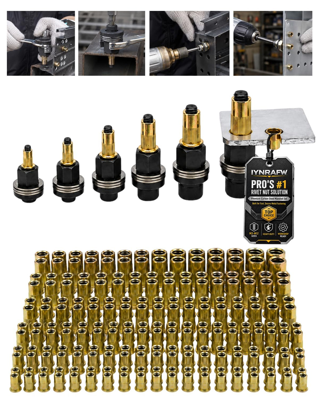 Rivet Nut Tool Kit Carbon Steel Mandrel Head Set M3-M12 Rivet Nut Hardware