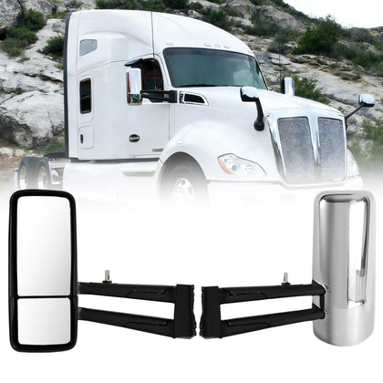 Door Mirror Compatible with Kenworth T680 T880, Heated Adjustable, Black, ABS Plastic, Dual Mirror Design, Semi Truck