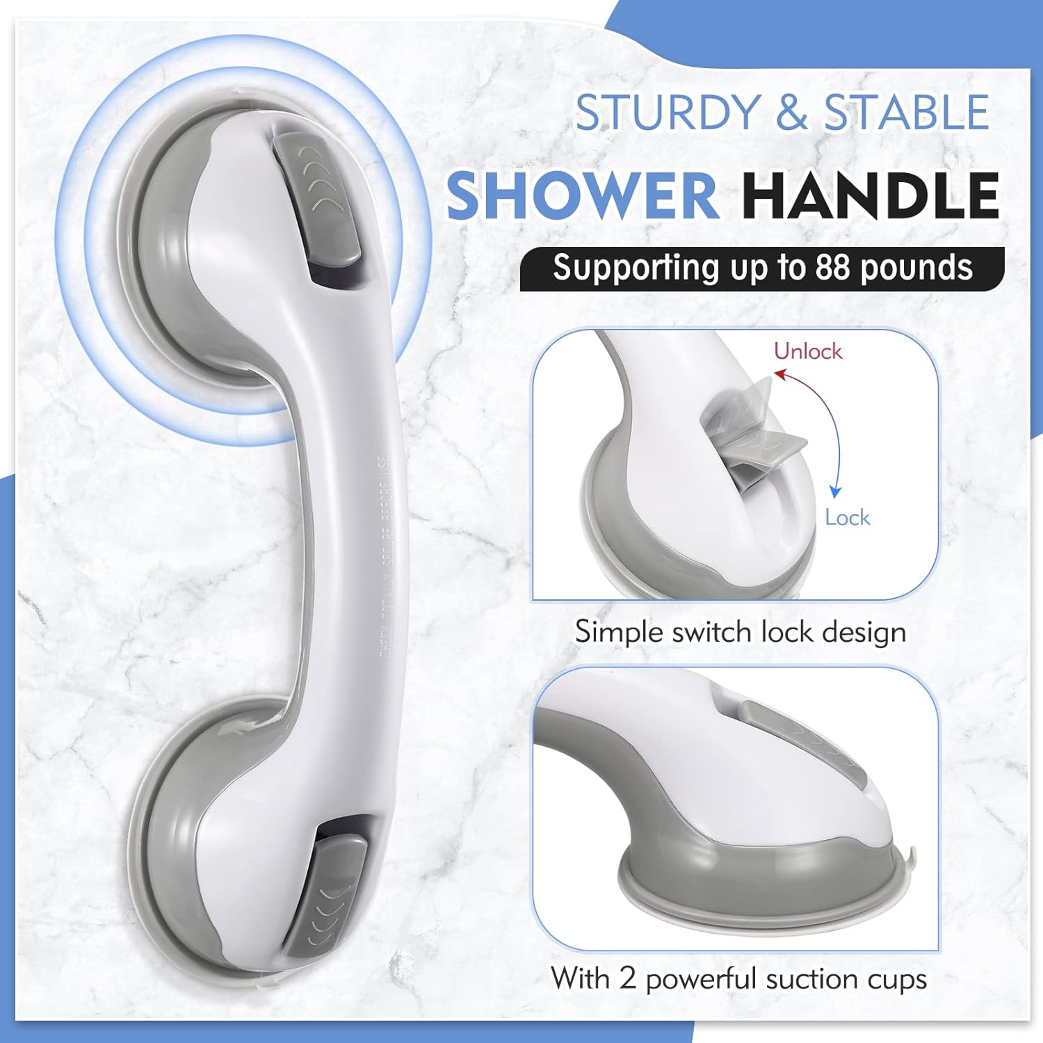 Grab Bars for Bathtubs and Showers, 12 Inch Shower Handle Strong Suction Cup Grab Bar for Shower Chair Stool