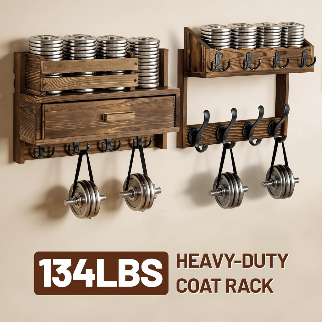 29" Coat Rack Wall Mount with Shelf & Drawer, Heavy Duty Wood Entryway Organizer, Wall Coat Hanger with 12 Metal