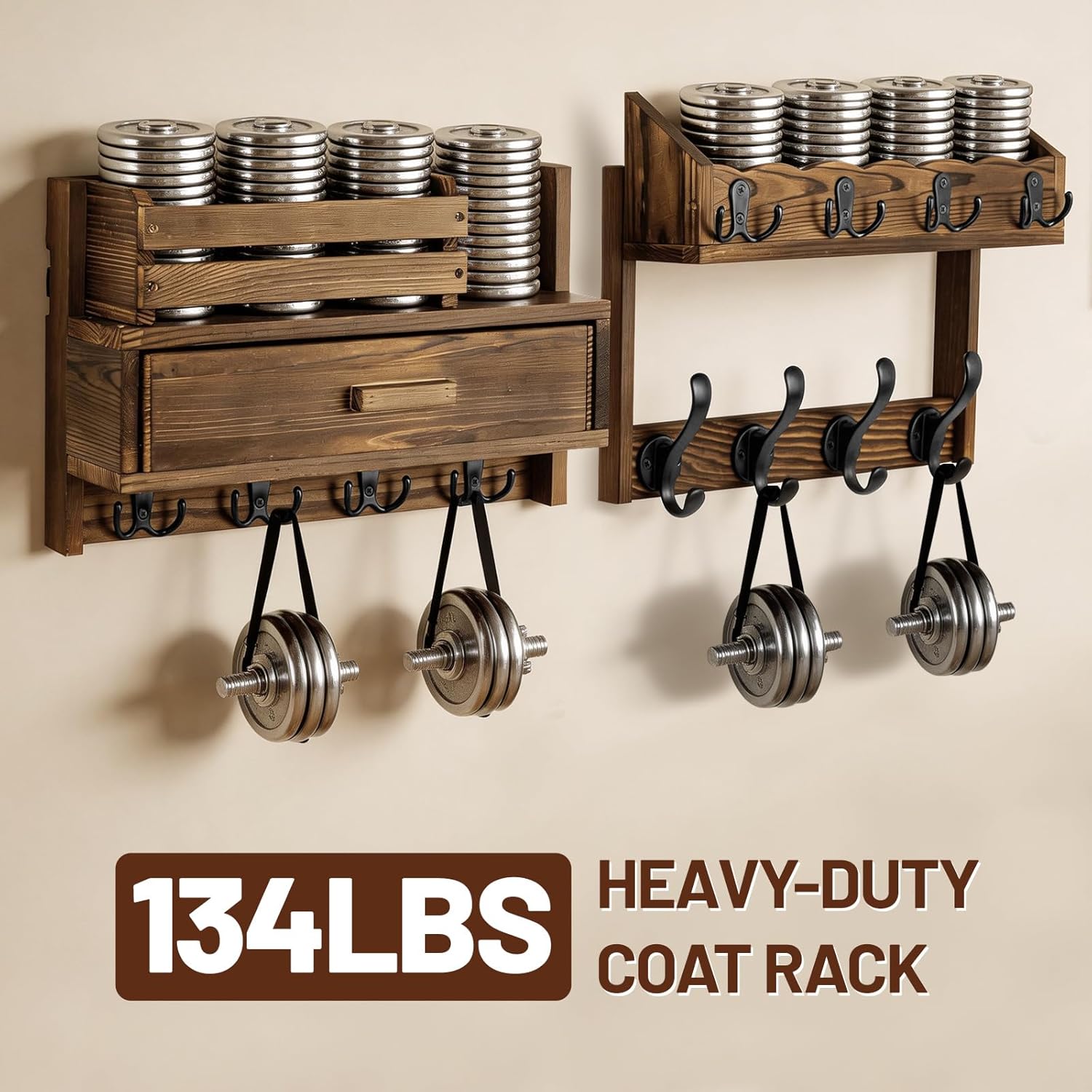 29" Coat Rack Wall Mount with Shelf & Drawer, Heavy Duty Wood Entryway Organizer, Wall Coat Hanger with 12 Metal