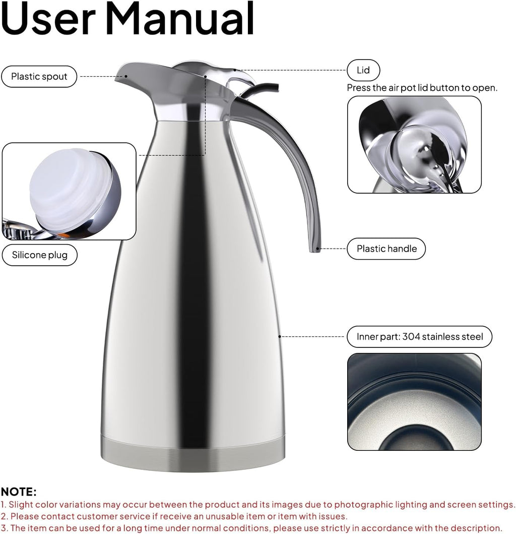 68 Oz Stainless Steel Thermal Carafe - Double Walled Vacuum Insualted Thermos/Carafe with Lid - Coffee/Tea Carafe