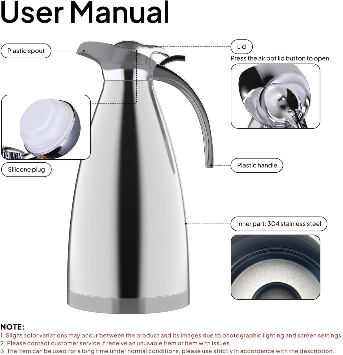 68 Oz Stainless Steel Thermal Carafe - Double Walled Vacuum Insualted Thermos/Carafe with Lid - Coffee/Tea Carafe