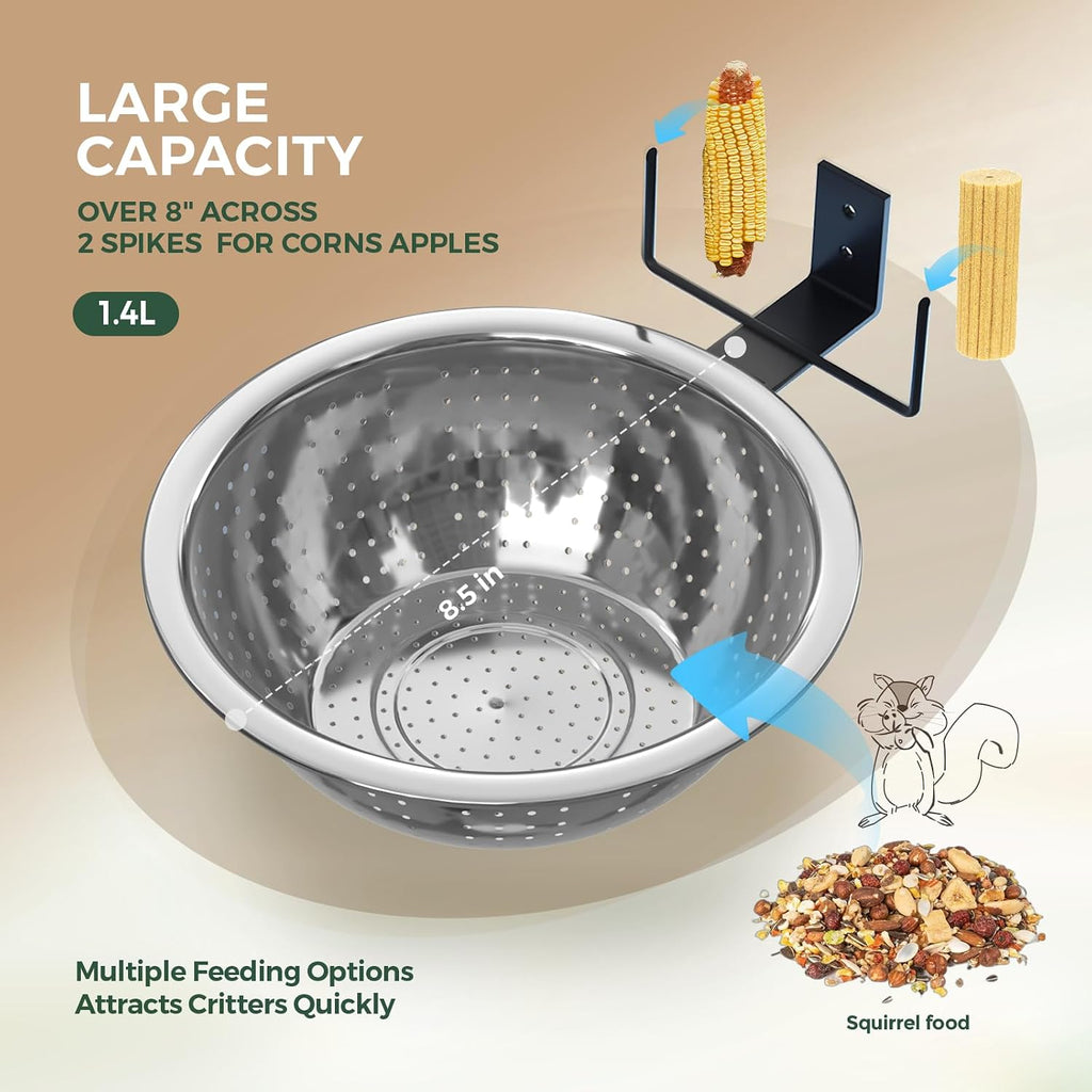 Squirrel Feeder with Metal Drainage Bowl, Squirrel Feeders for Outside, 8.5" Removable Bowl Easy to Clean/Refill, 2