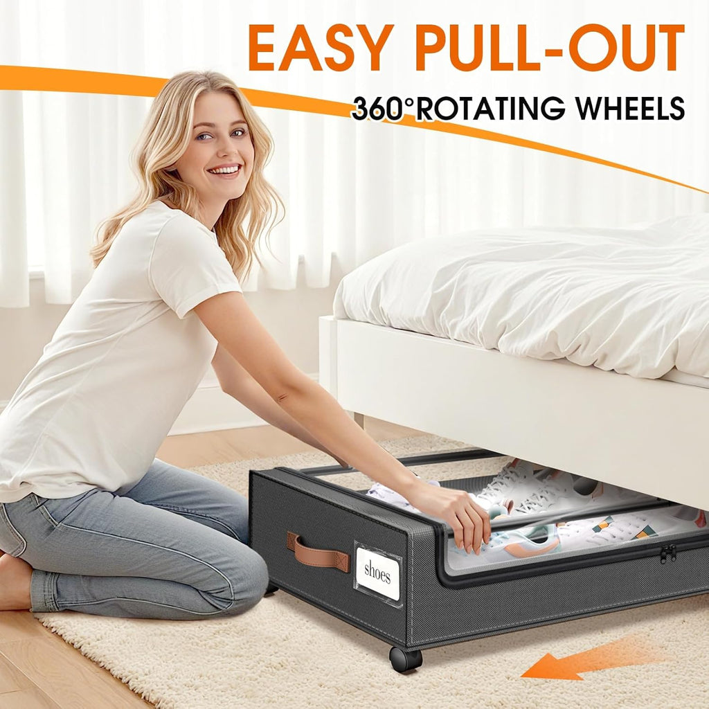 Under Bed Storage with Wheels 2Pack Storage Containers with Clear Window&Label Under Bed Drawers Rolling Under Bed