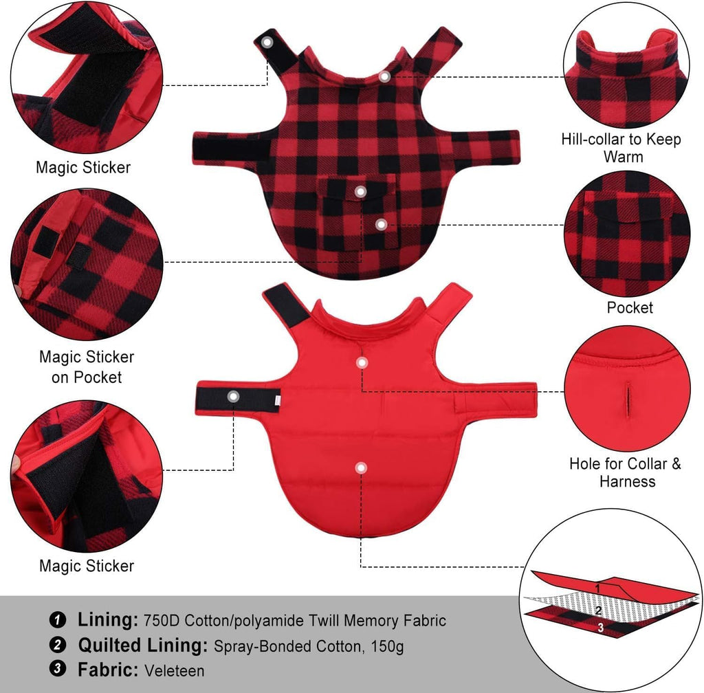 Dog Winter Coat, Fleece Doggie Jacket Plaid Reversible Vest Waterproof Windproof Cold Weather Clothes for Small