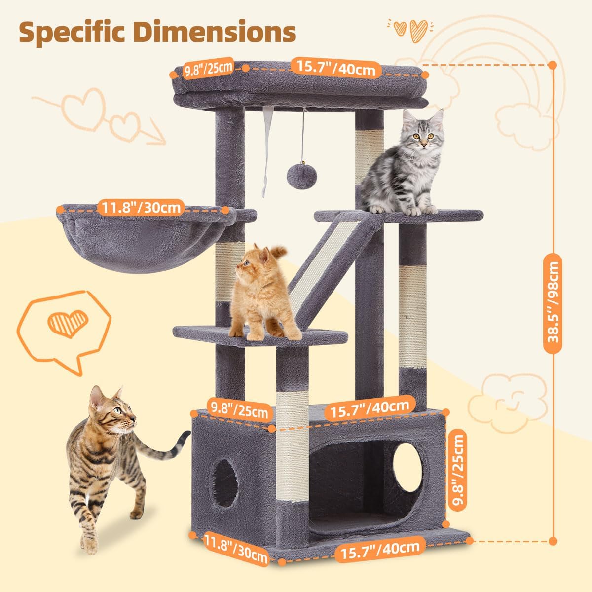 Cat Tree,38.5-Inch Cat Tower for Indoor Cats,Suitable for Kittens with Luxurious cat condo, Adjustable Baskets and