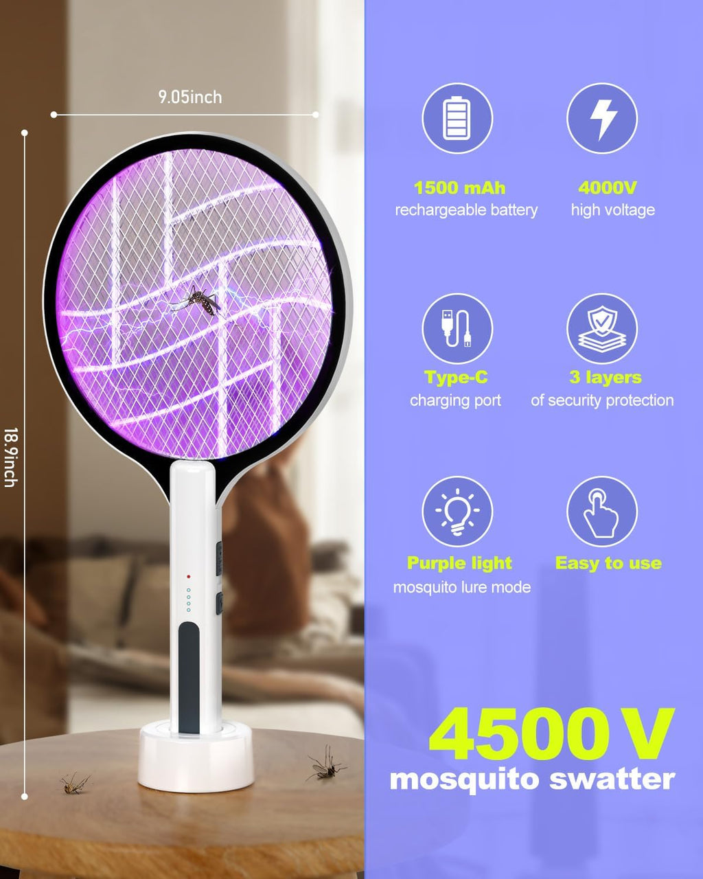 Electric Fly Swatter 4500V Bug Zapper Racket, 2 in 1 Handheld Fly Zapper & Purple Mosquito Killer Rechargeable and