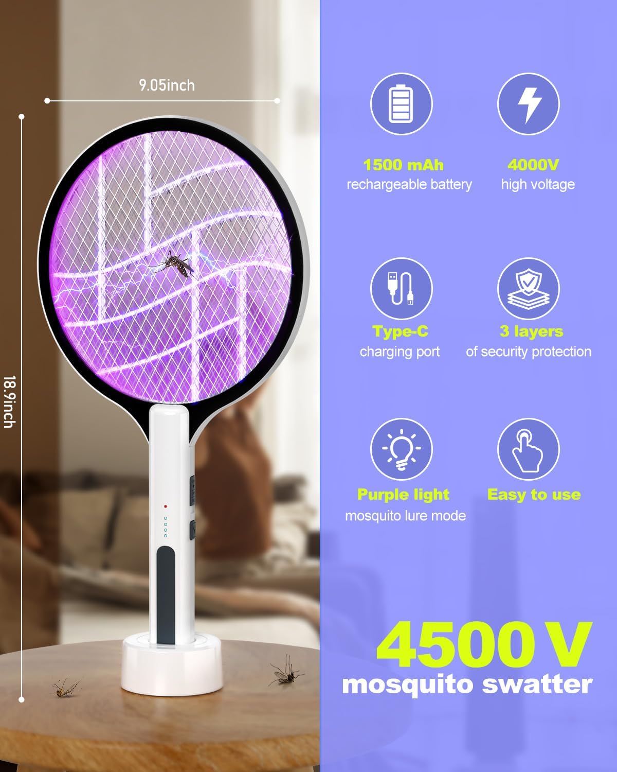 Electric Fly Swatter 4500V Bug Zapper Racket, 2 in 1 Handheld Fly Zapper & Purple Mosquito Killer Rechargeable and