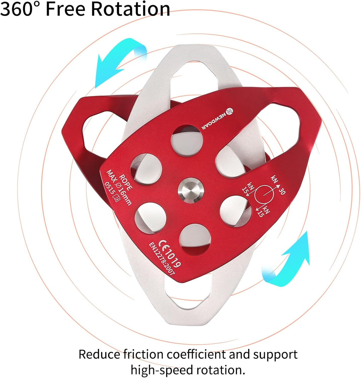 NewDoar CE Certified 30KN Large Rescue Single/Double Pulley with Swing Plate