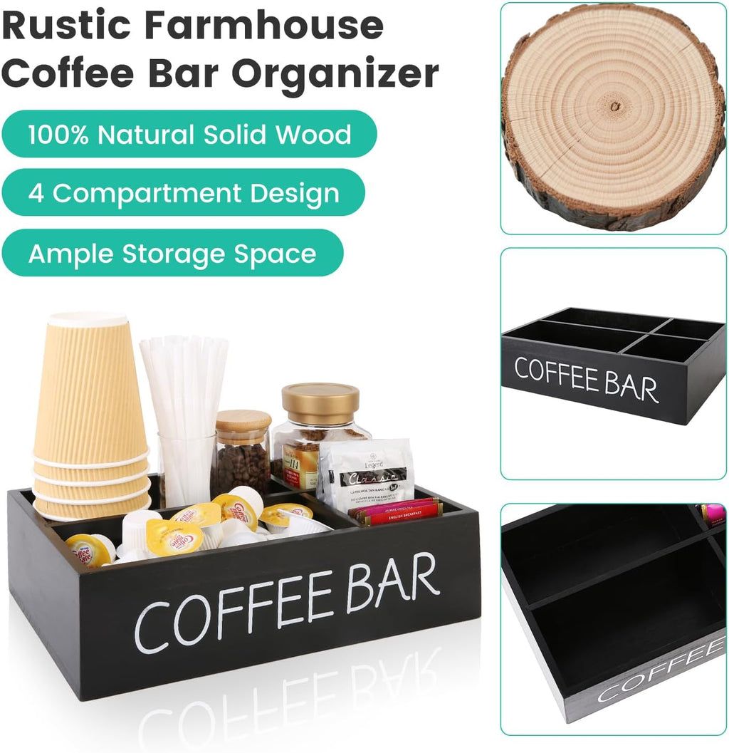 Coffee Bar Organizer – Wooden Coffee Station with 4 Compartments, Removable Dividers, and Condiment Storage for Home