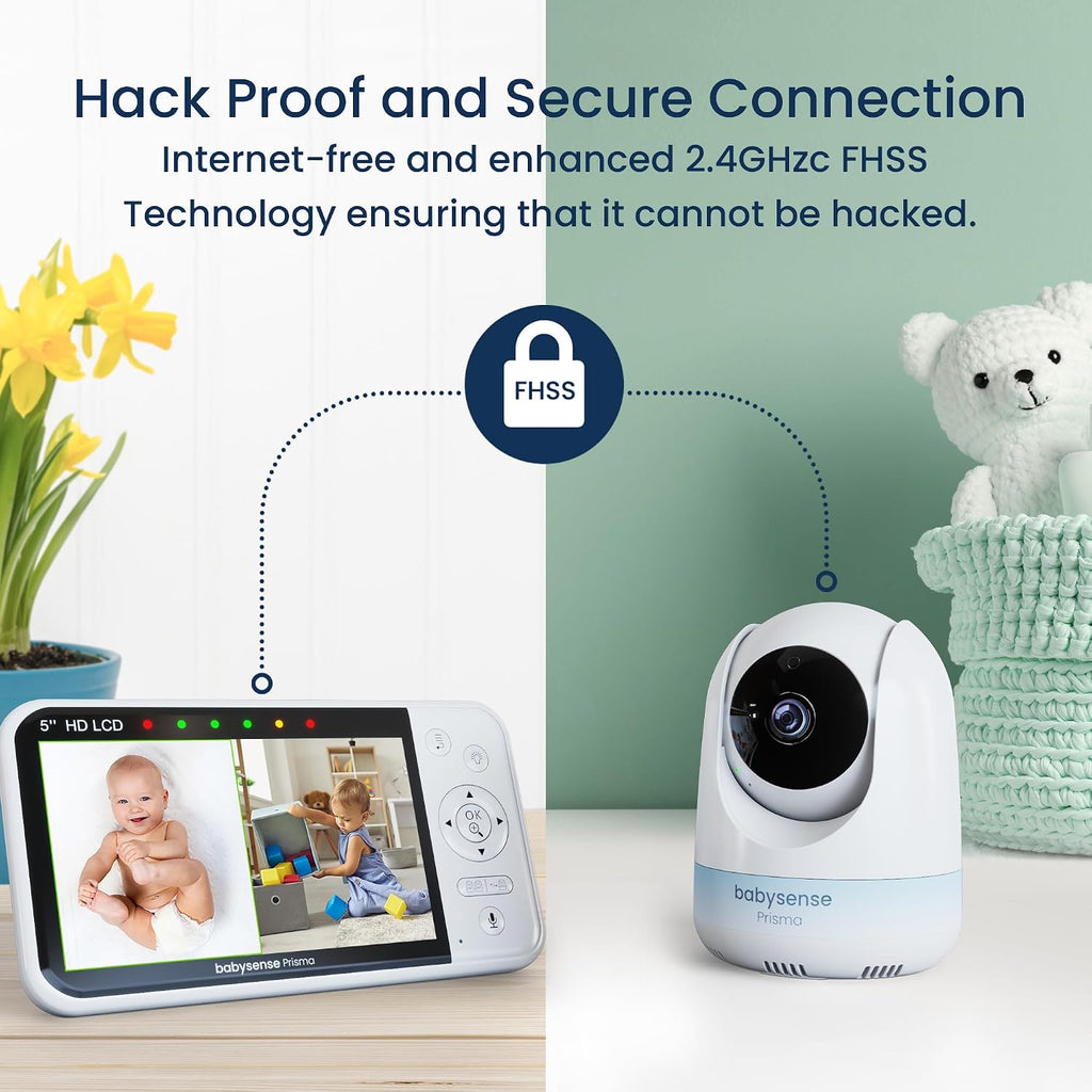 Prisma Baby Monitor with Camera and Audio, No WiFi 5” HD Video Baby Monitor, 6-Color Night Light, Split Screen