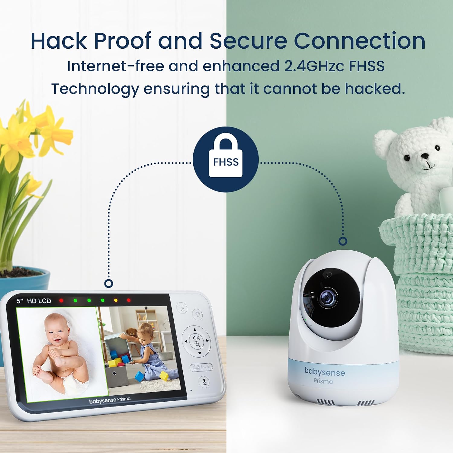 Prisma Baby Monitor with Camera and Audio, No WiFi 5” HD Video Baby Monitor, 6-Color Night Light, Split Screen