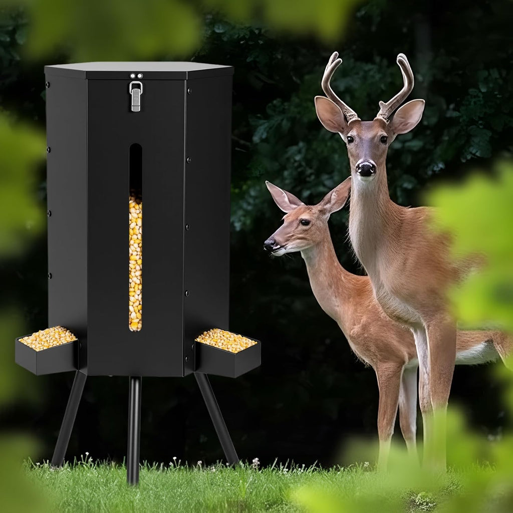 3 Patio 50-75 Lbs Large Deer Feeder with Visible Window Heavy Duty Metal Free Standing Deer Feeding Barrel Hunting