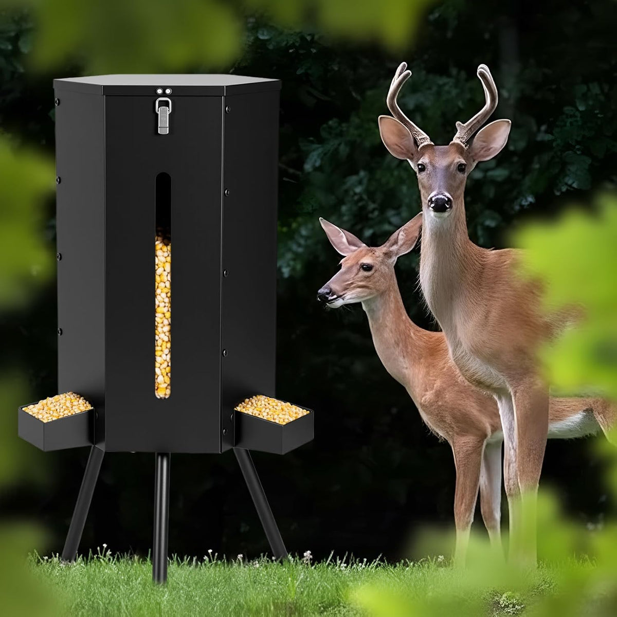 3 Patio 50-75 Lbs Large Deer Feeder with Visible Window Heavy Duty Metal Free Standing Deer Feeding Barrel Hunting