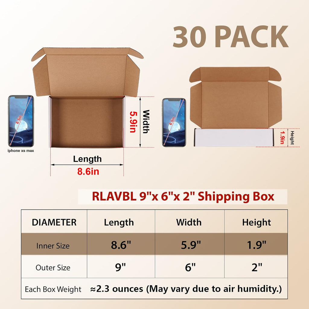 30 Pack 9x6x2 Shipping Boxes, White Corrugated Cardboard Mailer Box