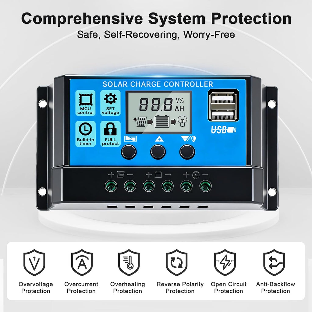 10A 12V/24V PWM Solar Charge Controller LCD Display Dual USB Timer Function | Lead-Acid & Lithium Batteries | Solar