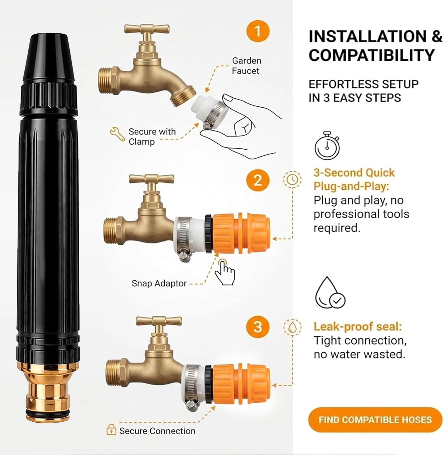 Home High-Pressure Water Gun Nozzle, Adjustable Garden Hose Sprayer with 3 Spray Modes, Leak-Proof Heavy Duty Nozzle